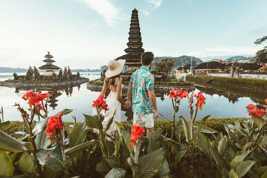 couple admiring the temples in bali