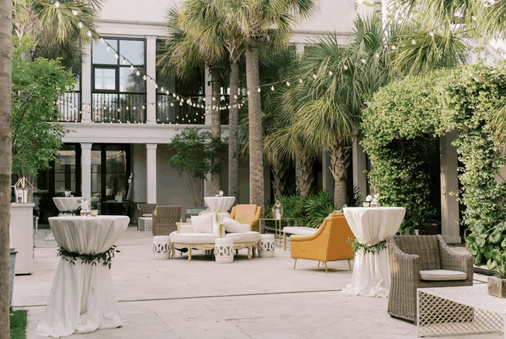 Cannon Green's beautiful cocktail space for your guests with seating and romantic string lights