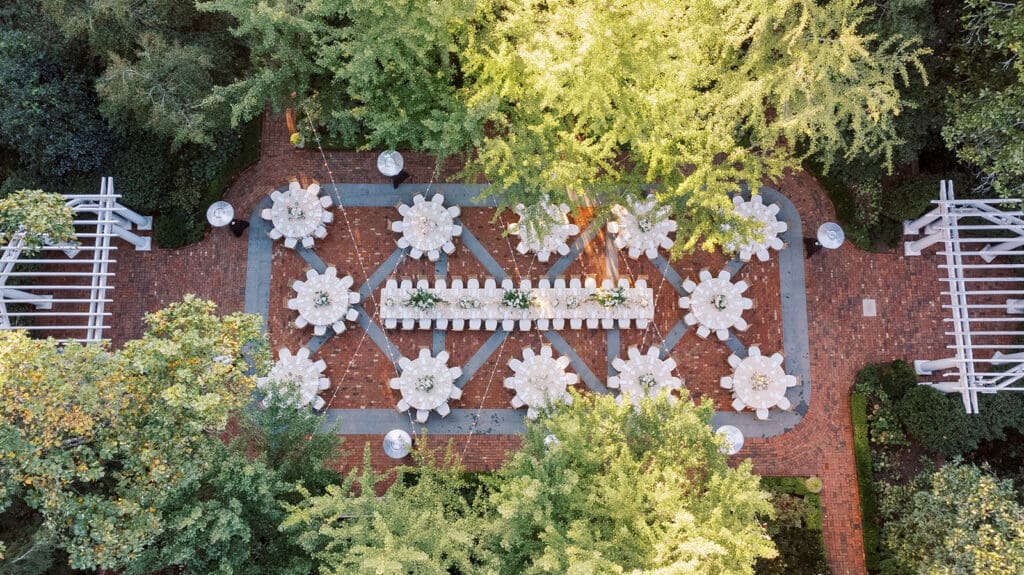 Drone photo overhead the patio of a wedding reception at duke mansion