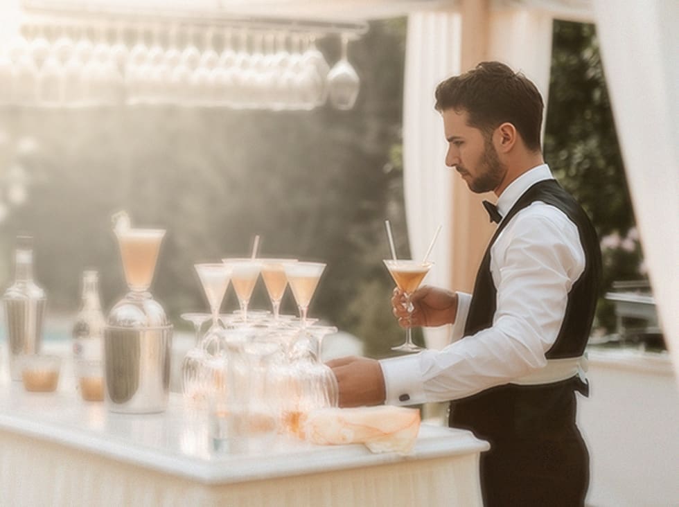 Wedding venue with a bar with glasses of cocktails and a bartender with a black and white vested outfit serving drinks.