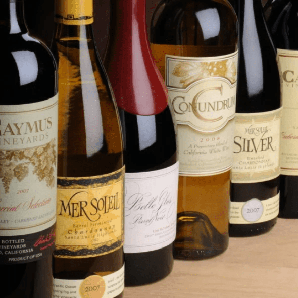 A closeup view of exclusive wine bottles with labels dated 2008 and from vineyards from California.