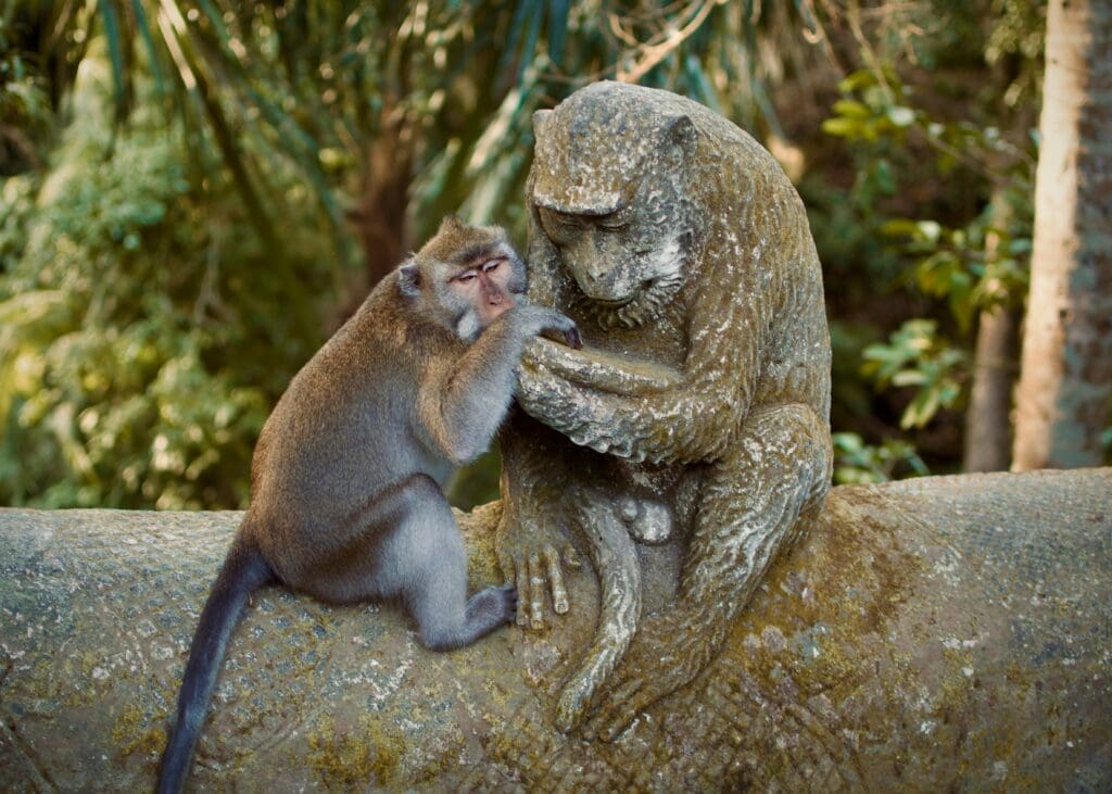 Monkey resting on statue of monkey in Bali