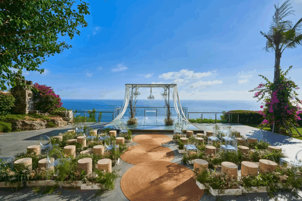 Beautiful ceremony space with a backdrop of the Bali coast